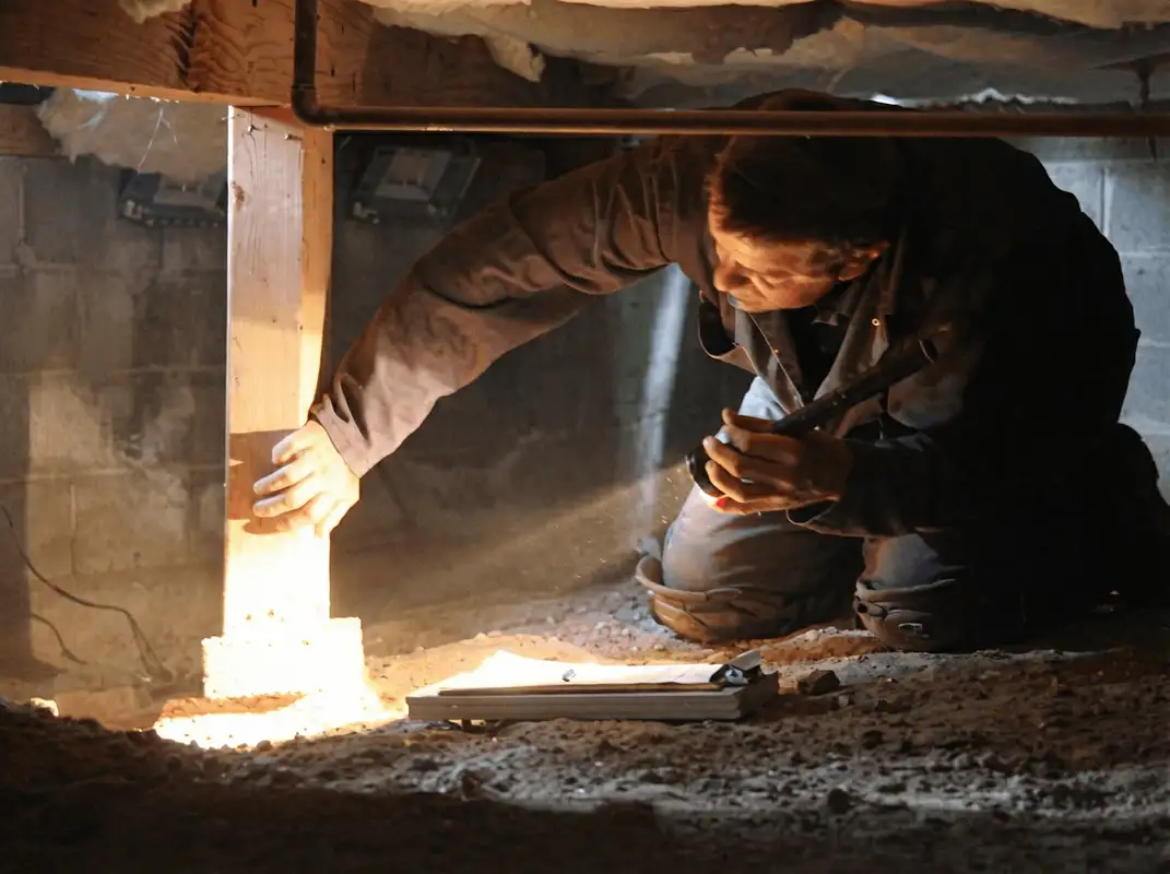 A professional inspecting wooden beams under the floor of a structure in Norfolk, VA